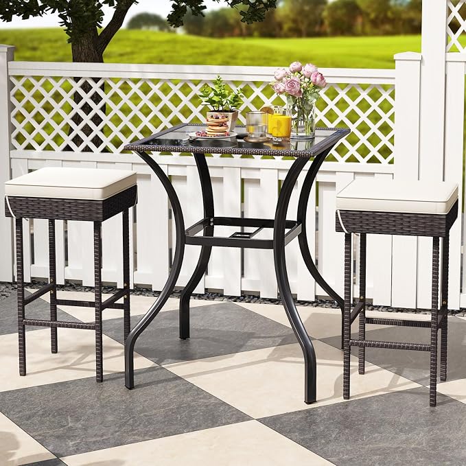 HAPPYGRILL Patio Bar Table, 28.5 x 28.5 inch Outdoor Bar Height Dining Table with Rattan Edge & Heavy-Duty Metal Legs, 2 inch Umbrella Hole, Square Bistro Bar Table for Poolside, Backyard, Balcony
