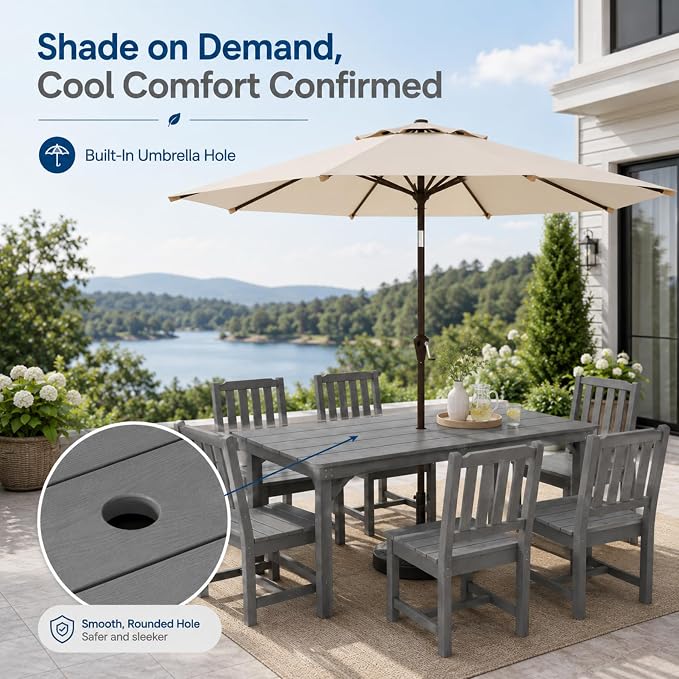 67" Rectangular Outdoor Dining Table, All-Weather HDPE Patio Table for 6-8 Person, Large Composite Wood Furniture with Umbrella Hole for Backyard Deck Garden Poolside, Gray