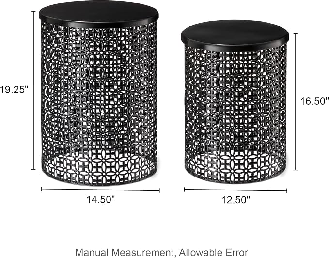 Glitzhome Outdoor Side Table Set of 2, Decorative Garden Stool for Patio Heavy Duty Metal Frame Accent Table Modern End Table, Glossy Black