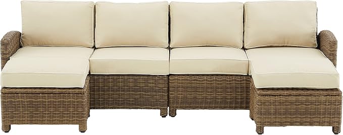 Crosley Furniture Bradenton 4-Piece Outdoor Sectional Sofa Wicker Conversation Patio Furniture Set for Deck, Brown with Sand Cushions