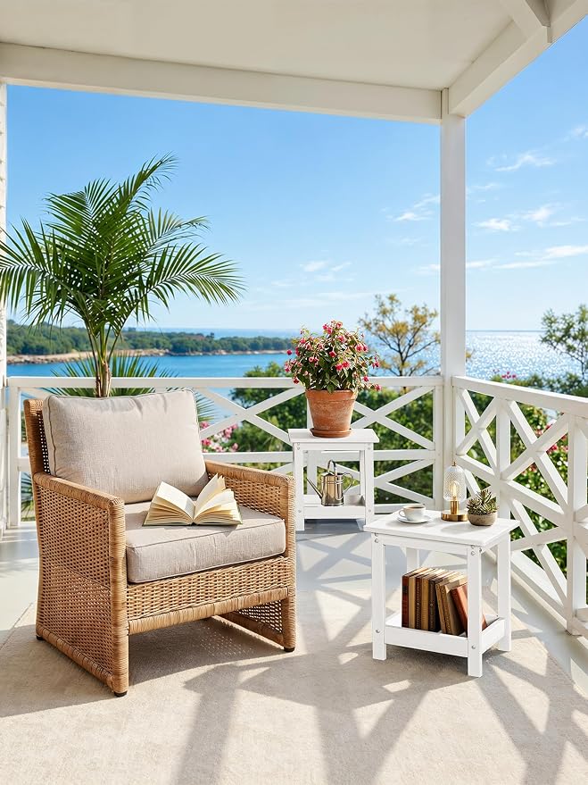 LUE BONA Outdoor Side Table, 2-Tier HDPE Small Outdoor End Table with Rail for Patio, Deck, Poolside, Low Maintenance & Weather Resistant, White