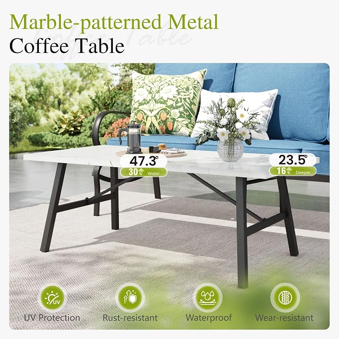 Sophia & William Patio Furniture Sets 7 Seats Outdoor Conversation Set 6 Pcs,2 x Cushioned Swivel Sofa Chairs,1 x 3-Seat Sofa,2 Ottomans, Marbling Metal Coffee Table Patio Backyard Poolside Navy