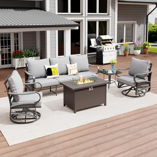 5 Piece Patio Furniture Set with 50000 BTU Propane Fire Pit Table, All Weather Outdoor Conversation Set with 2 Swivel Chairs, Sofa and Thick Cushions for Garden, Porch, Lawn, Grey
