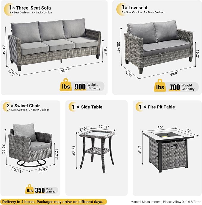ovios 6 Pieces Patio Furniture Set with Square Fire Pit Table, Swivel Rocking Chairs, Loveseat, Outdoor High Back Wicker Rattan Conversation Set for Deck Porch, Dark Grey