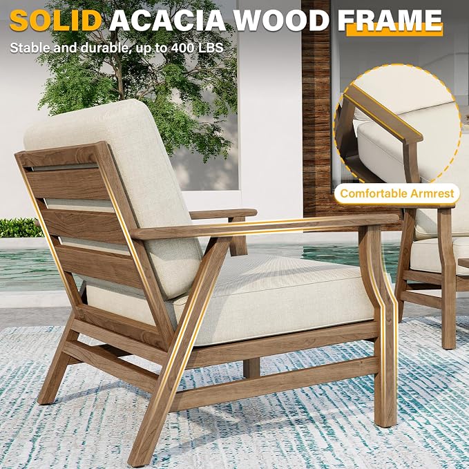 Wood Patio Chair Outdoor Bistro Set, 2 Piece Outdoor Armrest Chair All Weather Patio Sofa Furniture Backyard Conversation Sets with Cushions - Beige