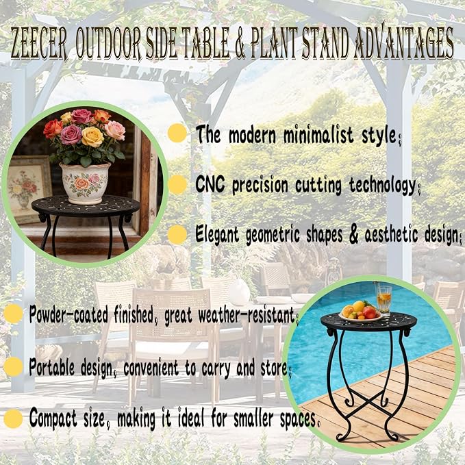 Outdoor Side Tables, 10" Round 15" Tall Patio Side Table, Set of 2 Metal Small Round Side Table for Patio Yard Porch Balcony Garden Bedside, Plant Stand for Indoor Outdoor