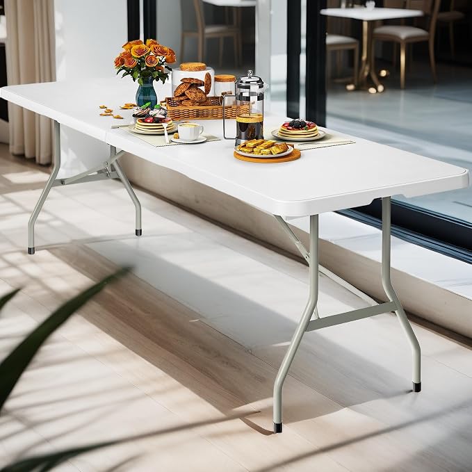 DWVO 8FT Folding Table, Heavy Duty Folding Tables with Carrying Handle, Plastic Fold up Table for Outdoor Camping Picnic Parties, Indoor Events, White