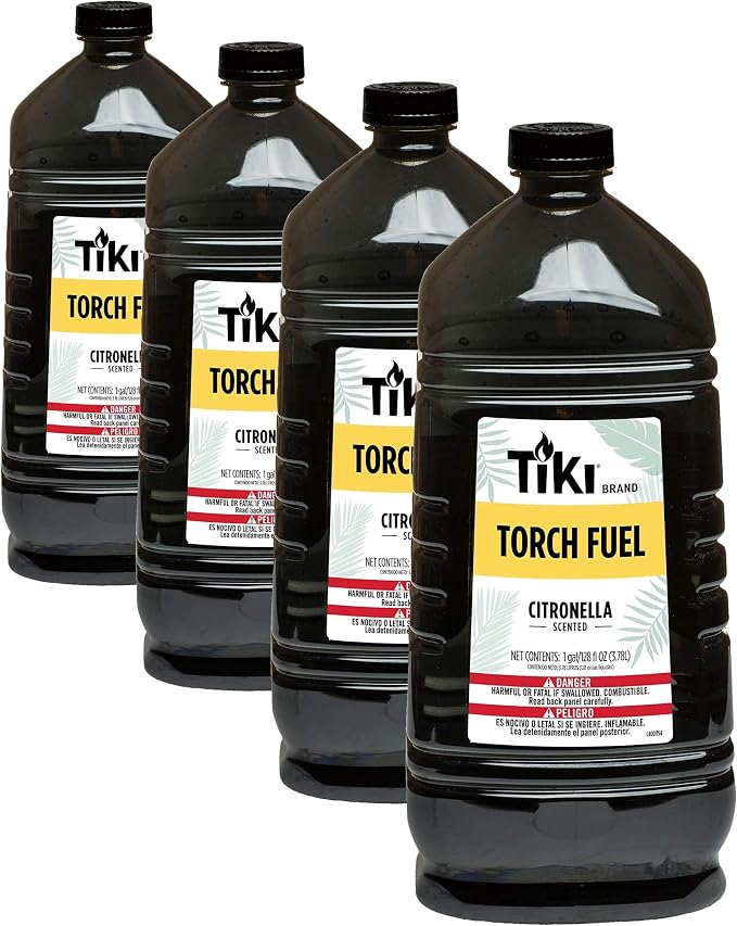 TIKI Citronella Torch Fuel - 1 Gallon (128 oz.), Easy Pour, Long-Lasting for Outdoor Torches & Table Torches, with Citronella & Lemongrass Oil, for Patio, Garden & Backyard Use (Pack of 4)
