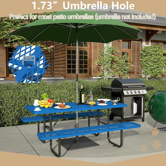 Coated Steel Heavy Duty Picnic Table for Outdoors 2200 lbs Load, Rectangular Camping Table with 1.78" Umbrella Hole, Commercial Picnic Table with Benches, Blue