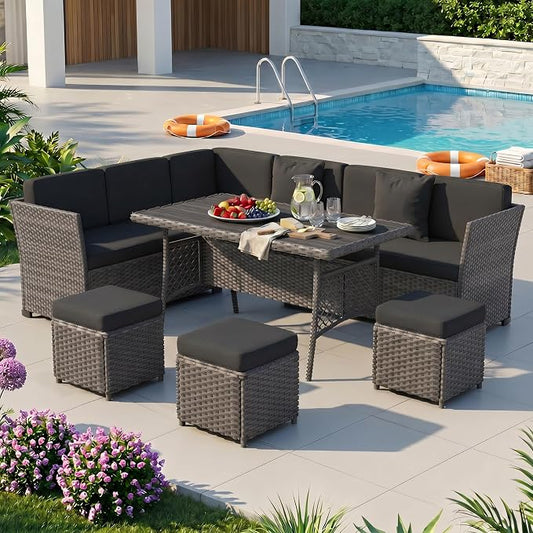 Patio Furniture Set, 7 Pieces Outdoor Dining Sets, All Weather Rattan Conversation Set, Outdoor Dining Sectional Sofa with Large Dining Table, Ottoman (Grey-Drak Grey, A-7 Pieces)