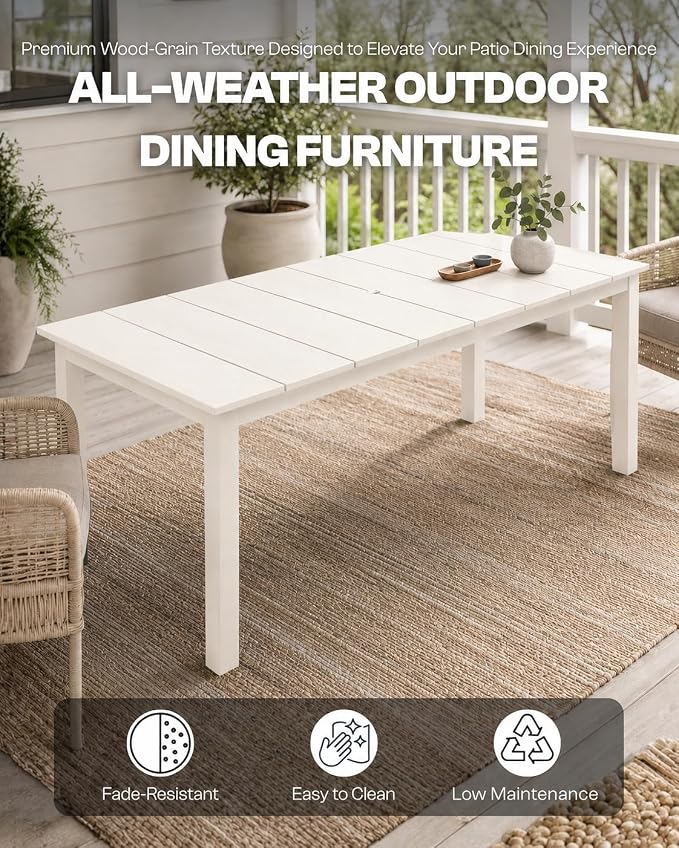 75.2" HDPE Outdoor Dining Table for 4-6 People, Rectangular Patio Dining Table with Umbrella Hole, All Weather Patio Dining Outdoor Table for Deck, Backyard and Garden, White