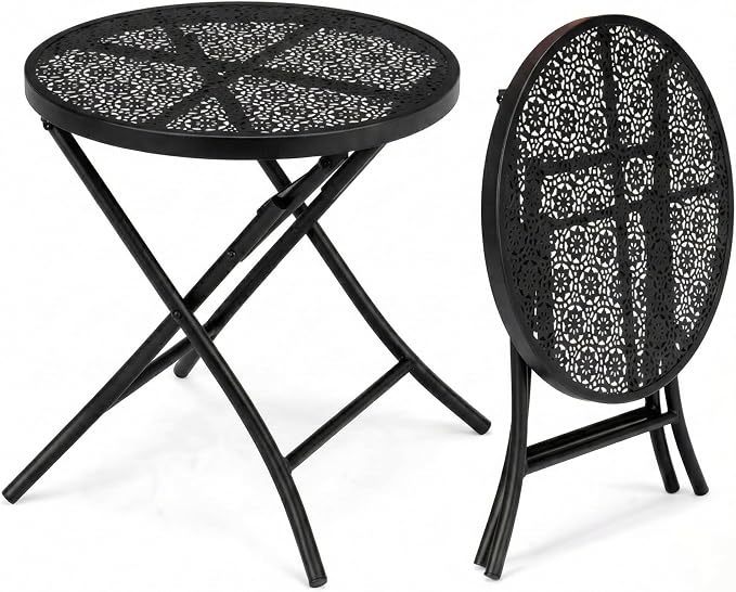 18 Inch Outdoor Round Folding Table, Black Metal Patio Side Table with Hollow Floral Design, Small Weather Resistant Steel Garden Bistro Table for Balcony, Porch, Yard