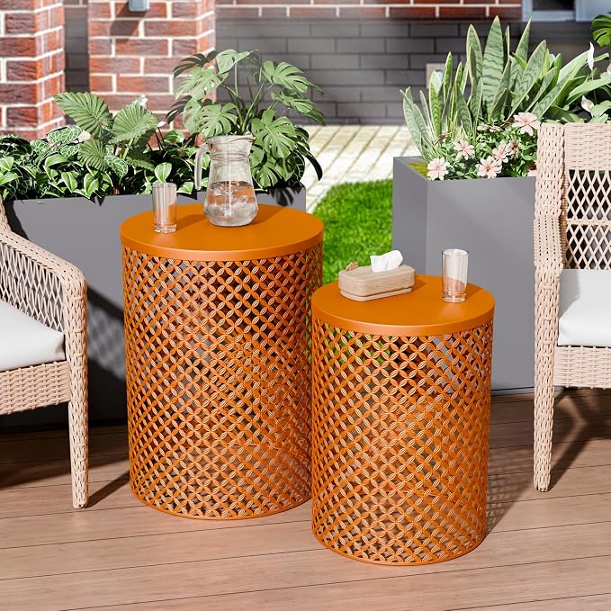 ChicFurnit Outdoor Side Table Set of 2, Cylindrical Metal Frame End Table, Decorative Garden Stool for Indoor Outdoor, Accent Garden Table Modern Nesting End Table for Patio Balconies, Cafes, Orange