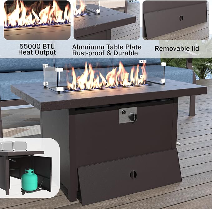 ALAULM Aluminum Patio Furniture Set with Propane Fire Pit Table 9-seat Metal Outdoor Furniture w/Swivel Chairs Patio Sectional Sofas w/2 Ottomans for Porch, Backyard, Poolside-Dark Blue