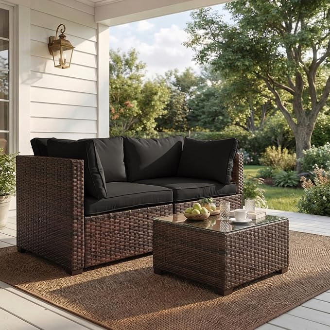 3 Pieces Patio Furniture Set with Glass Table, Outdoor PE Rattan Sectional Sofa with Soft Cushions for Backyard, Porch, and Poolside (Black, 3 PCS w/Table)