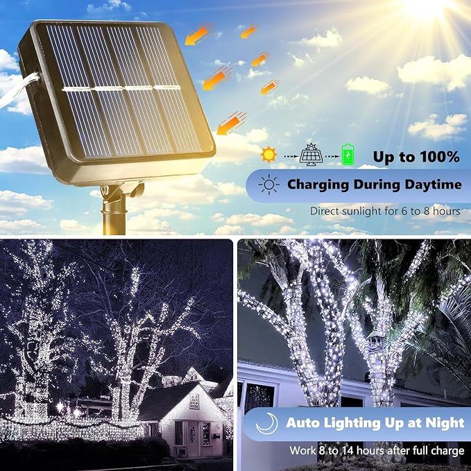 Joomer Solar Fairy Lights, 4Pack Total 104FT 320LED String Lights, White | Silver Wire, Solar String Light Waterproof 8 Lighting Modes for Patio Fence Party Garden Yard Home Outdoor Decoration
