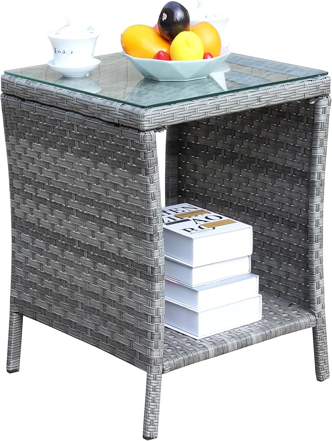 Wicker Rattan Side Table, Outdoor Square Rattan Coffee End Table with Tempered Glass Top and Storage for Patio Porch Lawn (B-Gray)
