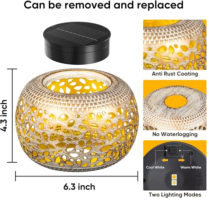 Solar Lanterns Outdoor Waterproof: 2 Pack White Gold Metal Patio Lights | 2 Lighting Colors, Unique Flower Pattern Projection, Vintage Patio Garden Tabletop Decorations, Gifts for Mom & Garden Lovers
