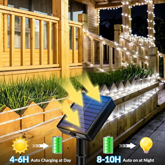 Solar Rope Lights, 2 Pack 33FT 100 LED Solar Fairy Lights with 8 Lighting Modes, IP65 Waterproof Strip Light Outdoor for Garden Yard Patio Deck Fence Tree Party Holiday Decoration, Cold White