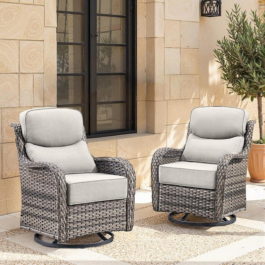 Swivel Patio Chairs Set of 2 with 6" Thick Cushion - Wicker Outdoor Swivel Rocker Patio Sets, High Back Comfortable Outdoor Glider Chairs 360° Rotation Glider Gray Wicker - Beige Cushion