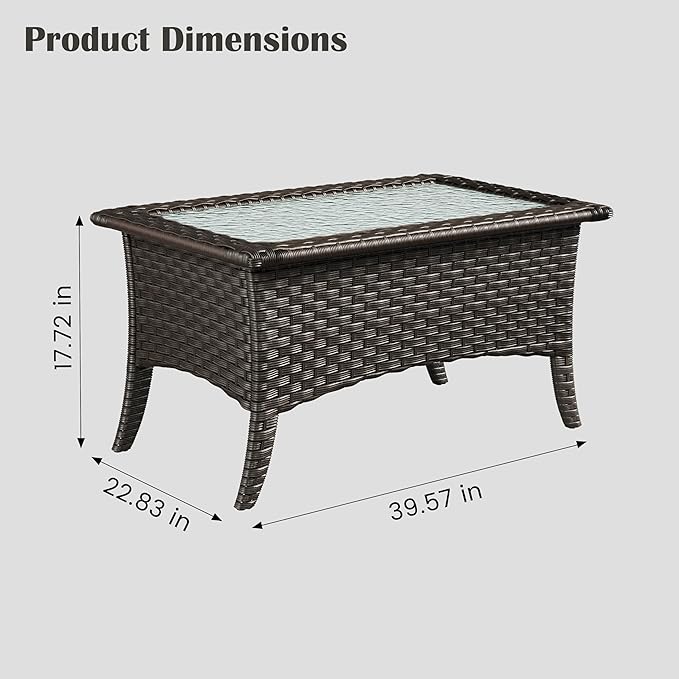 Sundale Outdoor Wicker Coffee Table, All Weather Rattan Patio Coffee Table with 39.57" x 22.83" Tempered Glass Top, Rectangular Tables for Patio, Backyard, Deck, Garden
