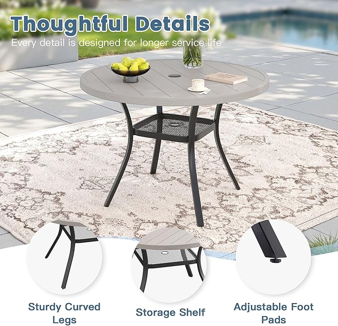 DIFY Outdoor Dining Set for 4, 5 Piece Patio Table and Chairs Set, Swivel Patio Chairs with Sandshell Textilene & 40.6" Grey Wood-Like Round Metal Dining Table with Umbrella Hole, for Garden Backyard