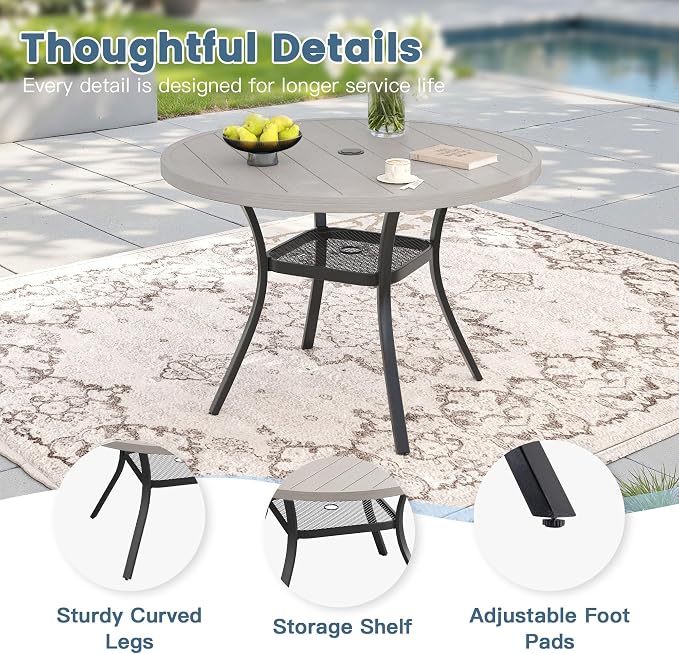 DIFY 5 Piece Outdoor Patio Dining Set for 4, Patio Table and Chairs Set with Umbrella Hole, 40.6" Round Dining Table and Stackable Metal Chairs for Backyard Garden Poolside, Grey Wood-Like & Grey