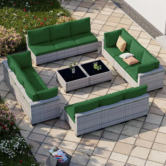 14-Piece Patio Furniture Set, Outdoor Sectional with Thick Cushions, Modular Patio Sofa, Dual-Strand Wicker Rattan, Rust-Resistant Frame, Backyard Furniture for Garden, Deck, Dark Green