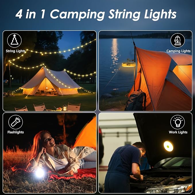 2 Pack Camping String Lights 4 in 1, 8 Modes Rechargeable Fairy Tent Lights | 30s Quick Storage, 32.8FT RGB Retractable Lights, Camping Essential Gear, Waterproof Hanging LED Lantern, Outdoor Party Decor