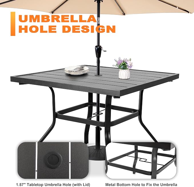 NUU GARDEN 5 Piece Outdoor Patio Dining Set, 4 Swivel Rocker Chairs with Padded Cushions, 37" x 37" Square Iron Dining Table with 1.57" Umbrella Hole, Black and Beige Cushion