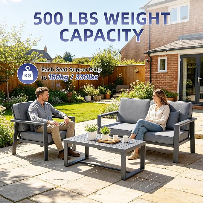 Premium Aluminum Patio Furniture Set 4 Piece,Outdoor Conversation Set with Wide Armrest,5" Thick Cushions, Olefin Fabric,Rustproof Metal Frame,Deep Seating Patio Sofa Set for Backyard,Deck,villa,Gray