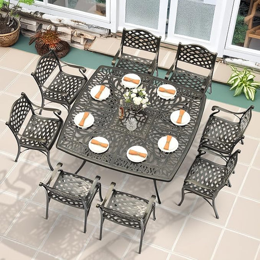 MEETWARM 9-Piece Outdoor Furniture Dining Set for 8, All Weather Cast Aluminum Patio Dining Set- Large 64" Square Table and 8 Chairs, Patio Table and Chairs Set for Garden, Umbrella Hole, Dark Bronze