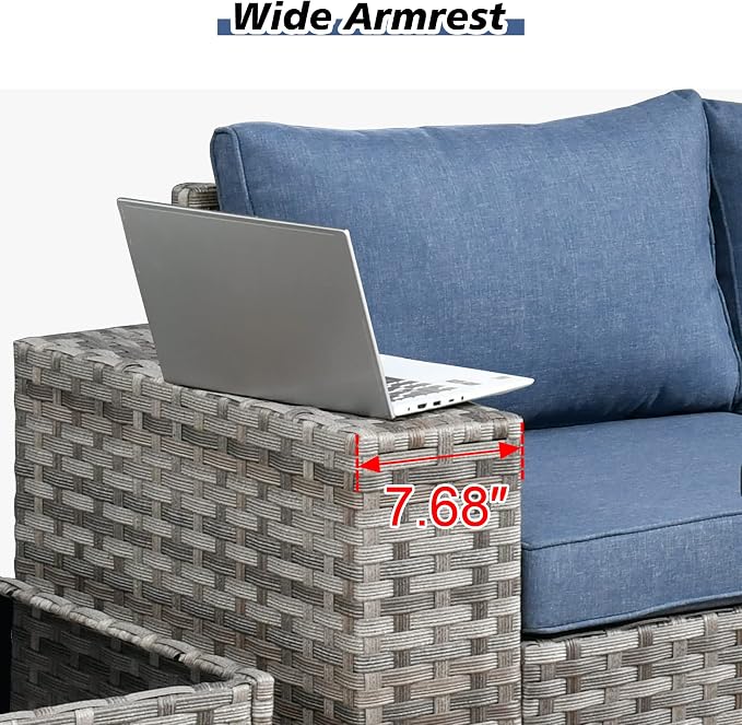HOOOWOOO Outdoor Patio Sectional Furniture Sofa Set with Swivel Rocking Chair,8 Piece Modern Wicker Couch with Widened Armrest,Modular Conversation Seating Set for Garden(Denim Blue)