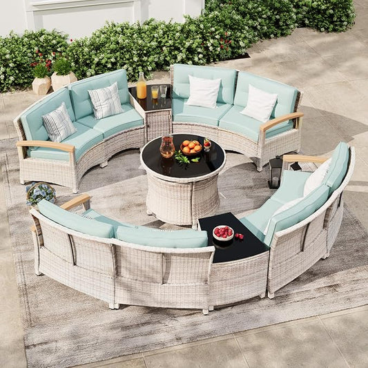 MEISSALIVVE 11-Piece Half-Moon Curved Outdoor Patio Furniture Set, Sectional Conversation Sofa with Wood Armrests, Coffee & Side Tables for Backyard Deck Garden, Blue