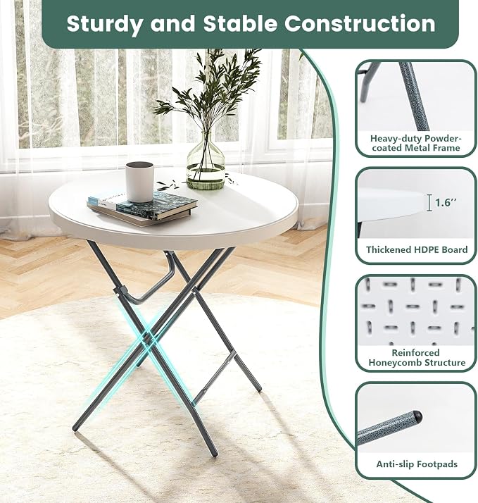 Tangkula 32" Round Folding Table, Portable Picnic Table with All-Weather HDPE Tabletop, Heavy-Duty Metal Frame, Heavy Duty Plastic Outdoor Table for Camping, Dining, BBQ, Party, No Assembly Needed
