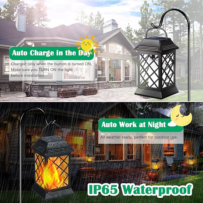 TomCare Flickering Flame Solar Lights Outdoor Metal Hanging Lantern, 2 Pack | Realistic Flame Effect, Charges in 6-8 Hours, 10-12-Hour Runtime, IP65 Waterproof, Auto On/Off for Patio, Garden and Porch