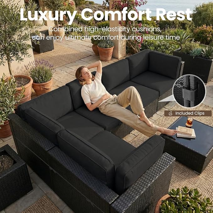 15 Pieces Patio Furniture Set with 44" Propane Gas Fire Pit Table, Outdoor Sectional Wicker Conversation Sofa Sets with Coffee Table