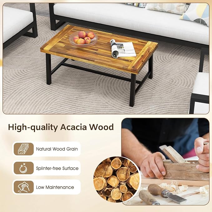 Tangkula Outdoor Acacia Wood Coffee Table, Rectangle Rustic Accent Table with Thickened Top & Heavy-Duty Metal Legs, for Patio, Deck, Garden, Natural