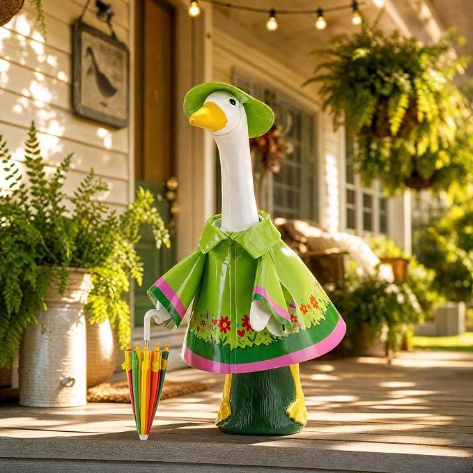 DECOHS 3 Pcs/Set Raincoat Porch Goose Outfits, Summer Lawn Goose Statue Costume with Rainbow Umbrella and Hat, Yard Geese Clothes for 23" Statue Patio Garden Decoration (Fresh Green)