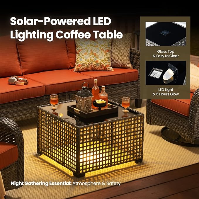 8 Piece Wicker Patio Furniture Set with Solar Table, Orange | Outdoor Deep Seating Sofa Chair Ottoman, Solar Lights Table, All Weather Rattan, Modern Conversation Set, Porch Deck Backyard