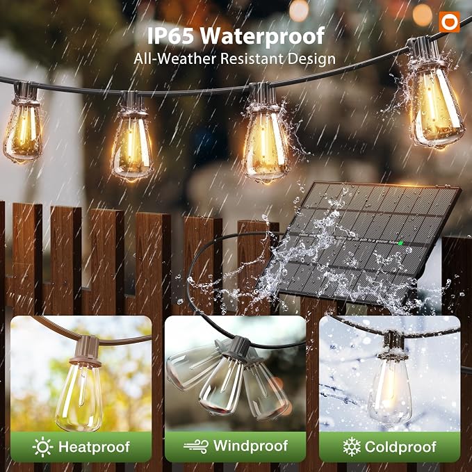 addlon 198FT Solar String Lights Outdoor, Waterproof,Dimmable, Last 20+ Hrs | Ideal for Large Backyard, Garden, Wedding, Party, Camping, 60+4 Shatterproof LED Bulbs, Timer Via Remote, Easy Install