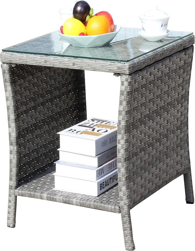 Outdoor Wicker Side Table, 19.25" Patio End Table with Storage & Tempered Glass Top, PE Rattan Coffee Table for Backyard Balcony Garden Lawn, 120 lbs Capacity, Grey