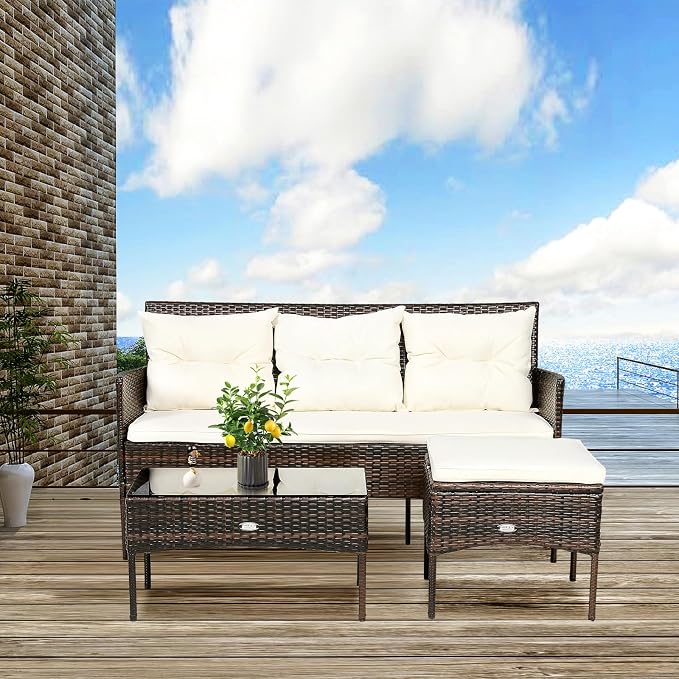 RELAX4LIFE 3 Pieces Patio Furniture Sectional Set, Rattan Wicker Conversation W/ 5 Cozy Seat & Back Cushions, Tempered Glass Coffee Table for Poolside, Balcony Outdoor Furniture (Beige+Brown)