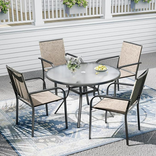 Outdoor Patio Set, 40" Round Glass Dining Table and 4pcs Stackable Chairs, All-Weather Patio Furniture Set with 1.7" Umbrella Hole for Garden Backyard Lawn Poolside