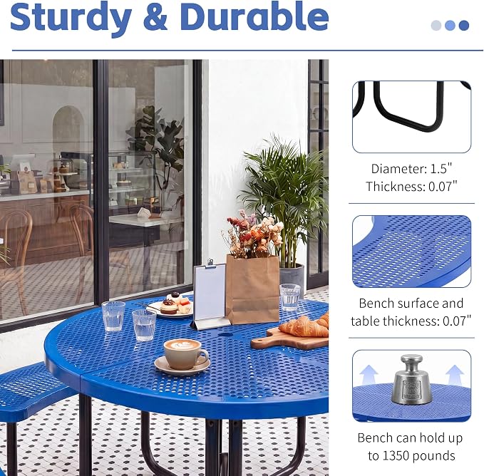 46" Outdoor Round Perforated Picnic Table Metal Camping Table with Umbrella Hole - Heavy Duty Steel Mesh Picnic Bench Set for Backyard Garden Deck, Blue
