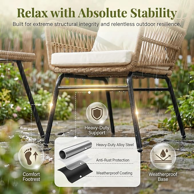 RADIATA 3 Pieces Boho Wicker Patio Chair Set with Thick Cushion and Side Table, Outdoor Conversation Rattan Furniture, Bistro Table and Chair for Porch Deck Backyard Garden, Beige