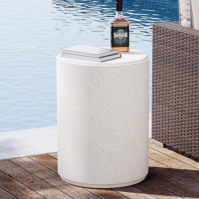 SUNBURY Outdoor Concrete Side Table, 20" H Outdoor End Tables, Cement Accent Table for Patio, Round Modern Garden Small Garden Stool for Patio, Backyard, Spotted White