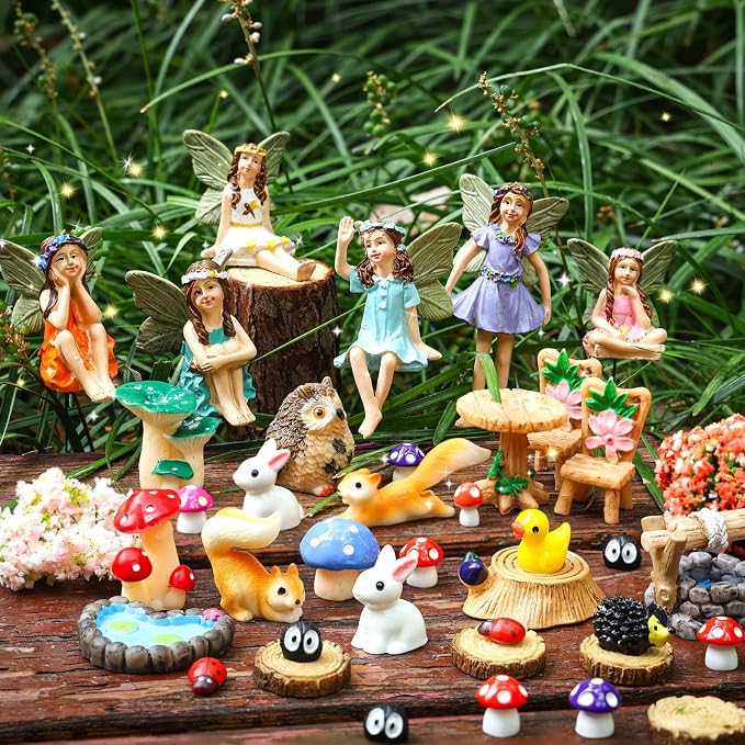100 Pcs Fairy Garden Accessories Miniatures Figures Kit | Micro Landscape Terrarium Ornaments Resin Mushroom Animal Fake Pond Lawn Bridge Garden Decoration