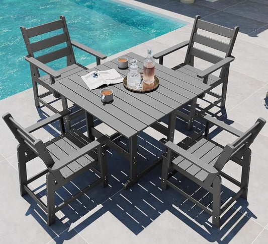 GREENVINES 5-Piece-Outdoor-Dining-Set | HDPE | Square | Patio Furniture | All Weather | Removable Armrests | Slatted Table and Chairs Sets for 4 | for Backyard Poolside Garden | Grey