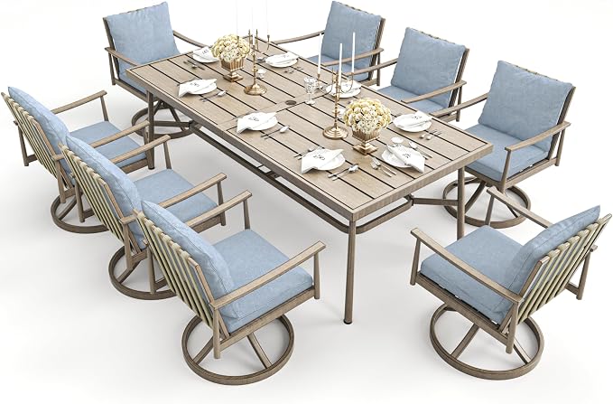 HAPPATIO Patio Dining Set for 8, Aluminum Dining Set, Swivel Rockers, Brown